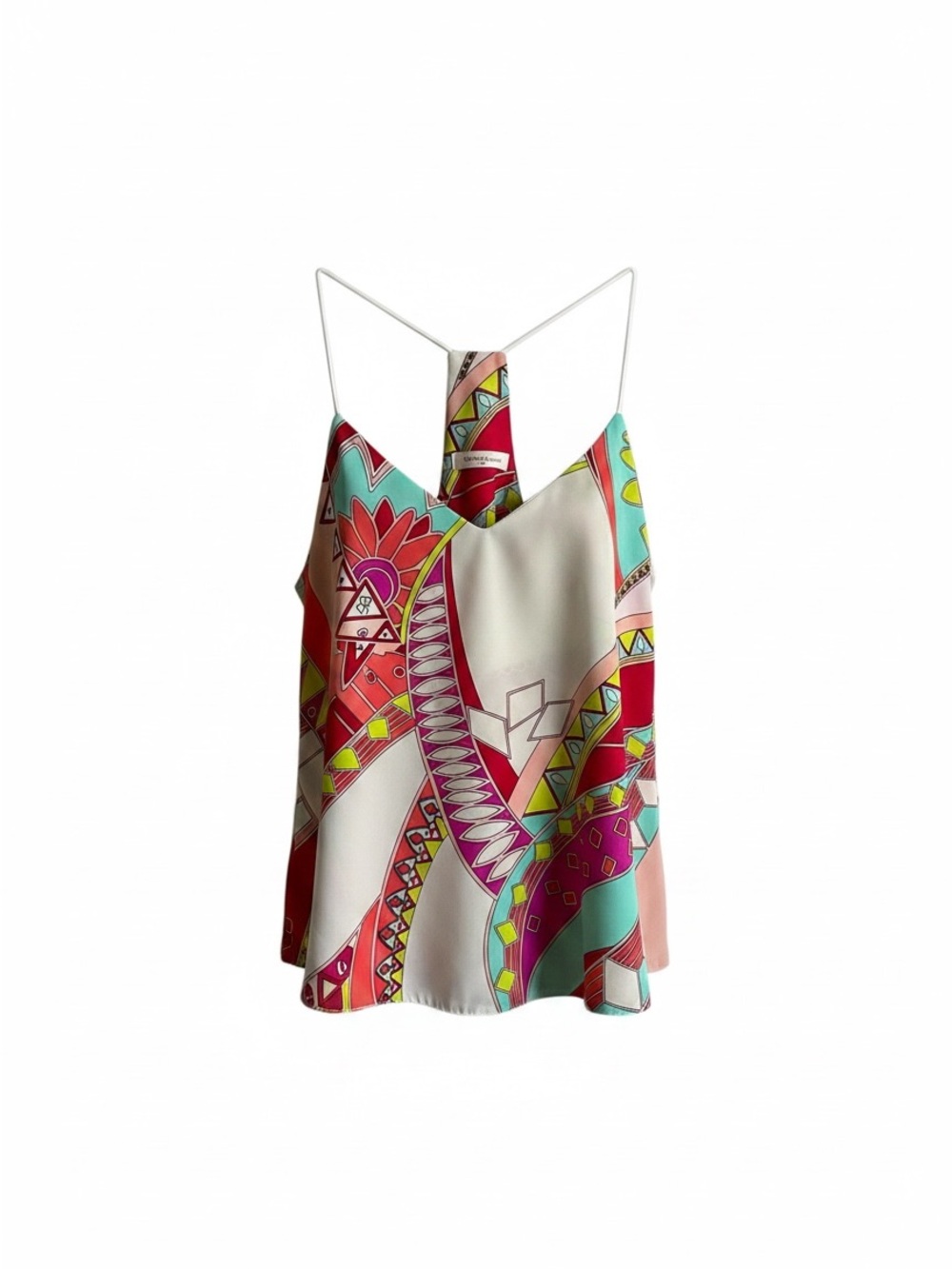 Printed Silk-Feel Spaghetti Strap Cami in Pink & Teal Vintage